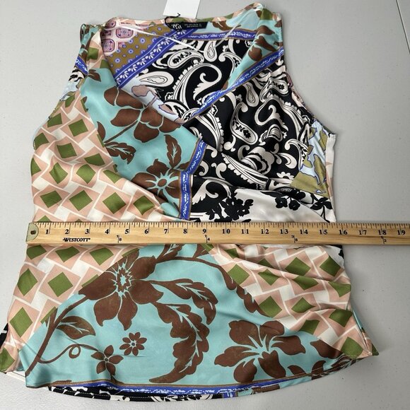Zara Patchwork Print Satin Top Size L Faux Wrap Floral - Picture 7 of 11